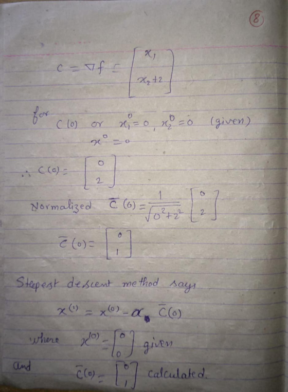 8 ) c-7fc x₂ +2 for Clo x = 0, y =ó (given) = O 2 Normalized c (6) 20 says Steepest descent method x6 = x()-OCCO where 20) an