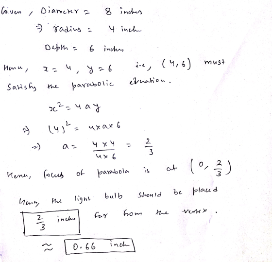 Given Diametra 8 inches / jadins a 4 inches Depth a 6 inches Menu, a= 4, y = 6 parabolic ic, (4,6) must e nation. Sarishy oc²