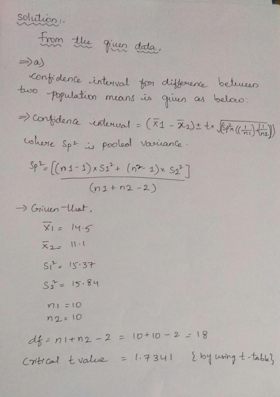 Solution:- from the giver data - a) confidence interval for difference between two population means is given as below: > conf