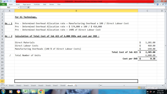 --- OVERHEADS - Microsoft Excel (Product Activation Failed) File Home Insert Formulas Data Review View X Page Layout f B22 A