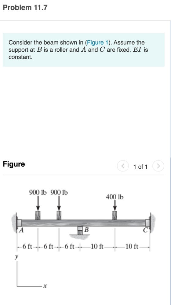 Problem 11.7 Consider the beam shown in (Figure 1). Assume the support at B is a roller and A and C are fixed. EI is constant
