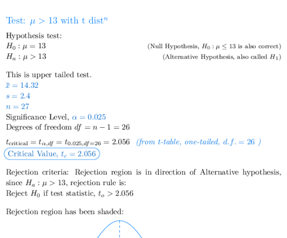Test: μ > 13 with t dist Hypothesis test H0 : μ=13 Ha : μ > 13 (Null Hypothesis, Ho : μ < 13 is also correct) (Alternative H
