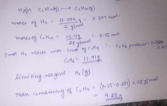 ) Ха- mol, H) + СН4h) — сәнь (19) moles of H₂ = 0.1942 o 2 41 тио moles of C2 Hp = 15.49 = 0.55 mol 28 g/mol mol H₂ reacts wi
