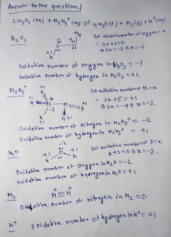 Answer to the question/ 2H2O2 (92) + M2 hgh (aq) 42,016) + M₂(g) +H (od) Let oxidation number of oxygen = x H₂O2 . 4. 2x+2=0x