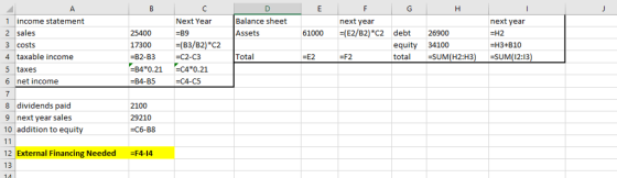 Balance sheet 1 income statement 2 sales 3 costs 4 taxable income 5 taxes 6 net income Next Year -B9 next year (E2/B2)*C2 deb