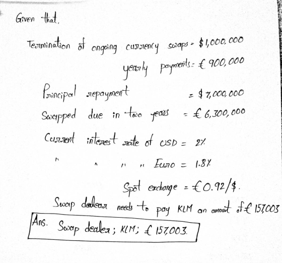 Given that, Termination of ongoing currency swaps - $ 1,000,000 yearly payments = € 900,000 Principal repayment = $ 7,000,000
