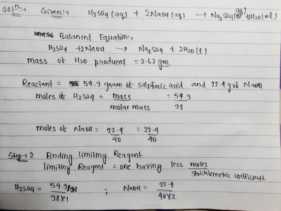 SOD Given: 7 Na, SD4ilaolol 2 504 (a9) t 2Naou (ag) vmass Balanted Equation:, Na2 s04 t 2tooR) H2504 2Naou ot Hoo produced 2-