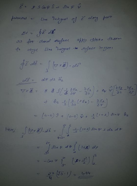 Er scop 5 + sin & & podmoral - Line indegual of e along paon sv = E. de as for closed surface apply stoke thoom to cheye line