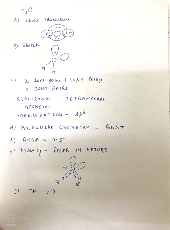 H₂O Lewis A) structure FOOD B Sketch c) a lone pairs CLONE PAIRS) 2 BOND PAIRS . ELECTRONIC TETRAHEDRAL GEOMETRY HYBRIDIZATIO