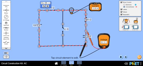 01:00.33 Show Current O Electrons O Conventional Wire Current 0.05 A Ο Ω Labels F Values Battery Stopwatch AC Voltage 100 22