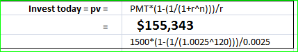 Invest today = p = PMT*(1-(1/(1+r^n))/ $155,343 1500*(1-(1/(1.0025^120))/0.0025