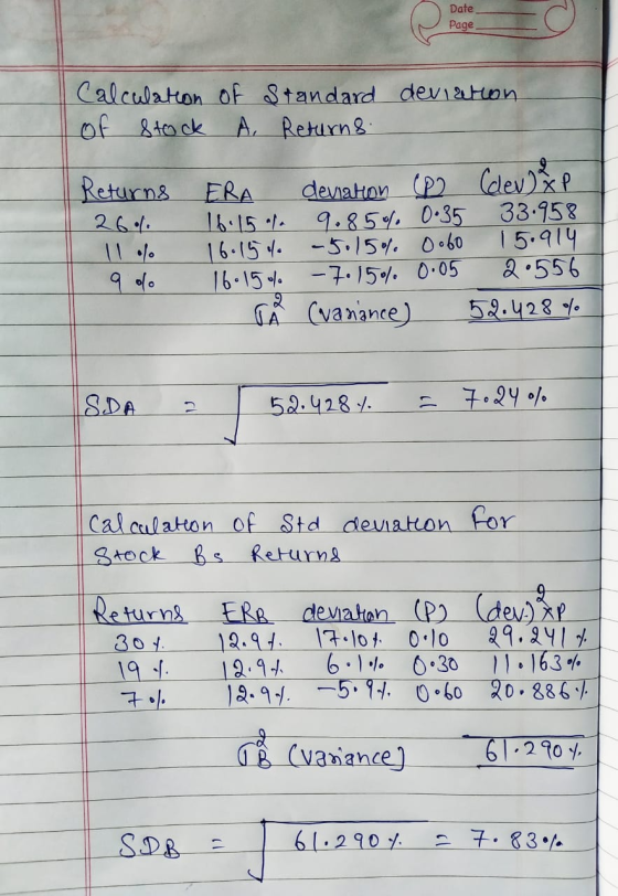 Date Page deviation Calculation of Standard of stock A. Returns. Returns 26% 11% 9 ofo ERA deviation (P2 (dev) x p. 16.15 9.8