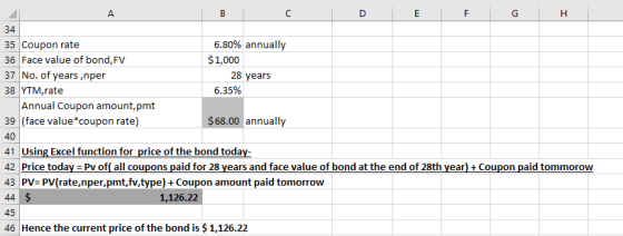 A B с D E F H 34 35 Coupon rate 6.80% annually 36 Face value of bond, FV $1,000 37 No. of years,nper 28 years 38 YTM,rate 6.3
