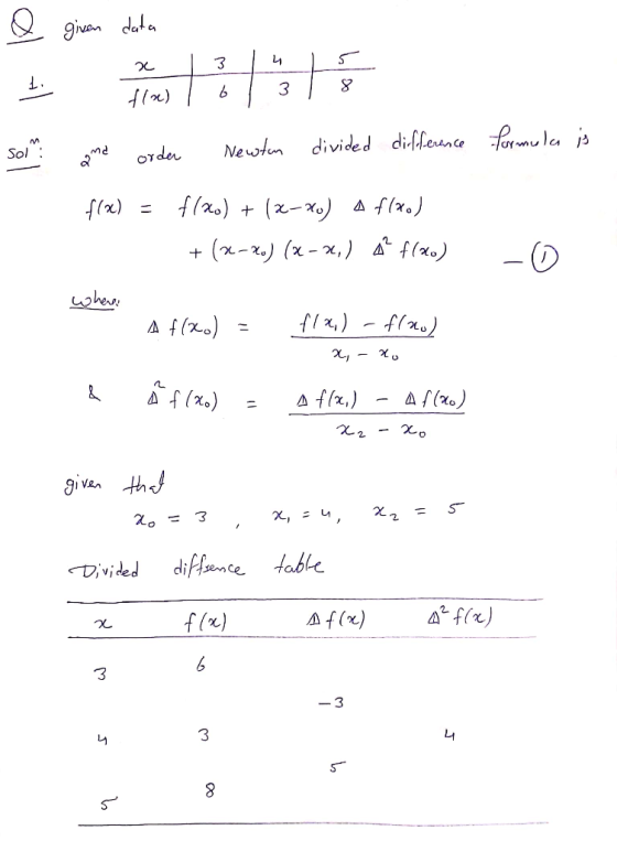 given data x 3 4 5 1 b 3 8 tx) m Sol formula is orden Newton divided difference ond f(x) = f(x) + (x-xo) A f(x.) + (x-x.) (x