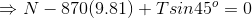 \Rightarrow N - 870(9.81)+Tsin45^o = 0