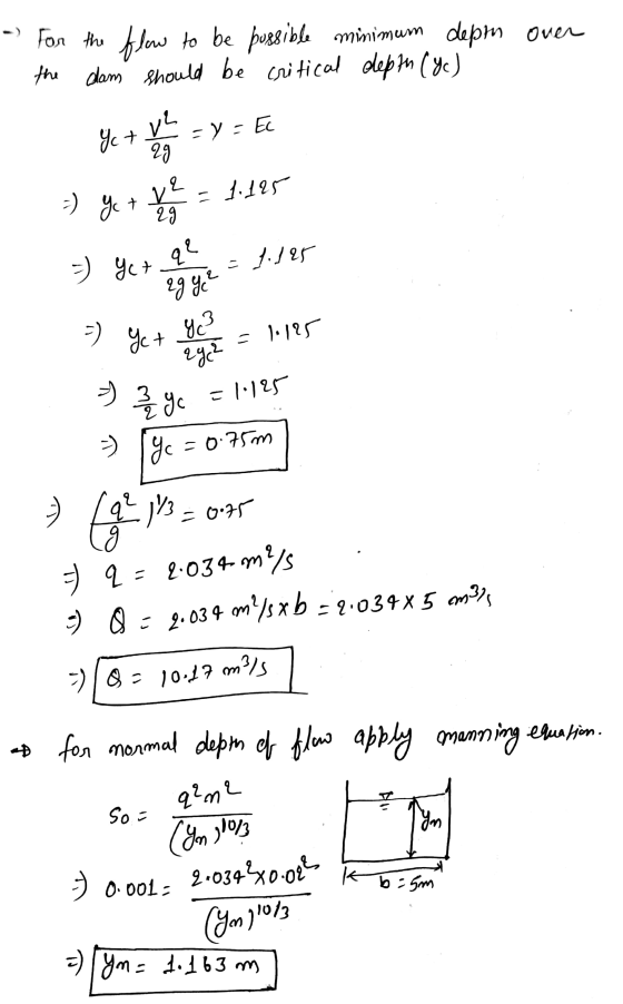 -) over For the flow to be possible minimum depth the dam should be critical depth (Yc) v² Yet = y = Ec 29 =) Yet V = 1.125 2
