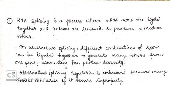 0 RNA splicing is a process where mRNA exons are ligated together and introns are removed to produce a mature mRNA.SI - an al