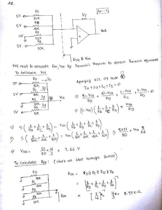 48. Ro 8oK RG AOK Rg Vout Oy 20K 10K we needfoatulate venins Theorem to obtan Thevenin equvalent r R다5Mm by, 飞Calculate VrH