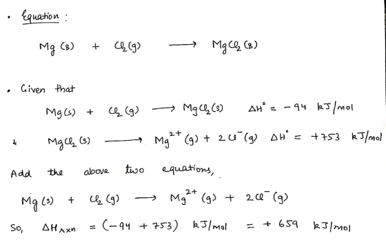 Equation : Mg (8) + Ch(9) - Mg Ch (8) Y . Given that MgG) + ((g) = MgųC9 AH° = - 94 kJ/mol + Mgcky (s) - Mg2+ (g) + 20 (9) OH