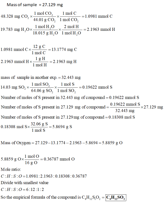 Mass of sample = 27.129 mg 1 mol C 1 mol CO, 48.328 mg C2 x- =1.0981 mmol C X 44.01 g CO2 1 mol CO2 1 mol H,O 2 mol H 19.783