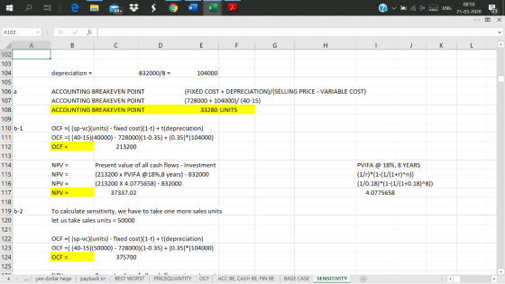 All em w ? v . 1* = ENG 08:50 21-03-2020 23 A102 . X А B C D E F G H I J K L - depreciation = 832000/8 = 104000 102 103 104 1