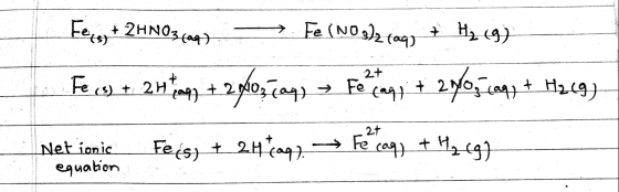 Fe (NO32 (04) Fe 2HNO3a) 2+ Fe 2n+2p0,04, Fe + 2t Fe Fes) t 2H2a4 Net ionic eguabion