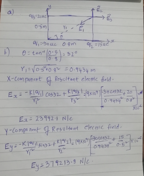 0.5ml YoĚ 10.8 . 4, =Bouc 0.8m 9 = 15 uc 6) O= tent (0.51 = 320 Y,= √0.5 +0.82=0.9434 m X-component of Resoltant elecaric fie