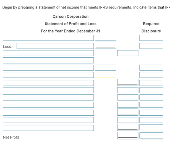 Begin by preparing a statement of net income that meets IFRS requirements. Indicate items that IFF Carson Corporation Stateme