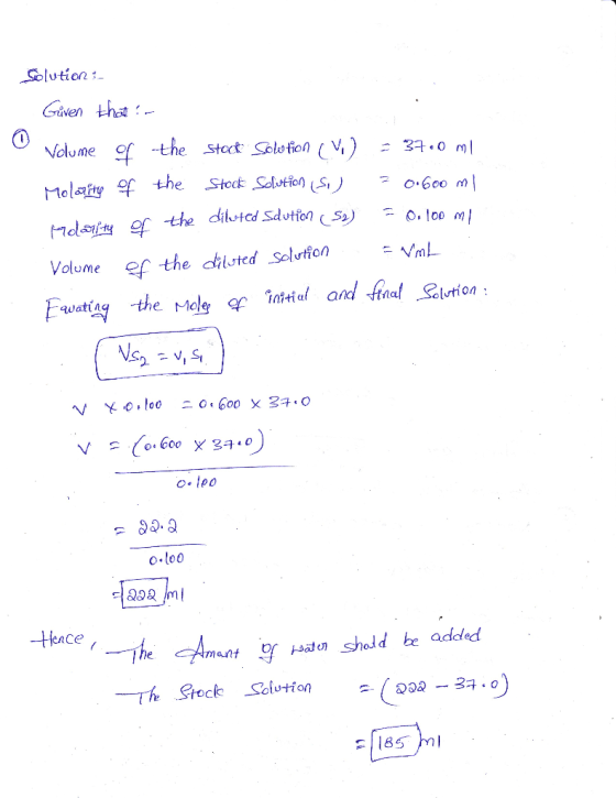 Solution:- Given that in Volume of the stock Solution (M) = 3760 MI Molarity of the Stock Solution (S.) 0.600 ml Erolarity of