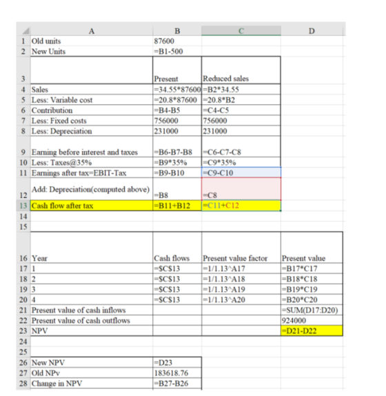 1 Old units 2 New Units 87600 -B1-500 Present Reduced sales 4 Sales 5 Less: Variable cost 6 Contribution 7 Less: Fixed costs
