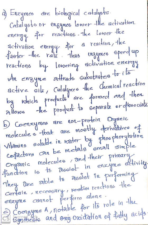 a) Enzymes are biological catalysts. Catalysts or enzymes lower the activation energy for reactions. The lower the activation