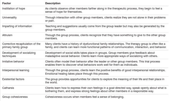 Description Factor Instillation of hope As clients observe other members farther along in the therapeutic process, they begin
