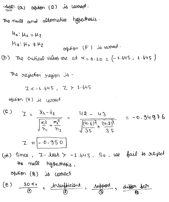 (بم) -!عمه option (0) is correct. The null and alternative hypothesis. Ho: Me=42 Hals & M2 ofation (F) is correct. (b) The cr