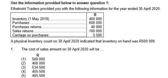 Use the information provided below to answer question 1: Ethekwini Traders provided you with the following information for th
