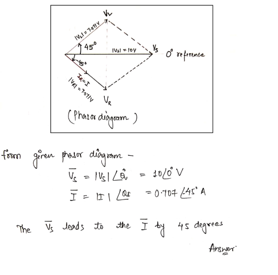 IVL1 = 7:0111 7450 IVSI = 10y A is o reference -45° IR=I TURI = 7-0717 K- (Phasor diogram) form giren phasor diagram - V = 1/