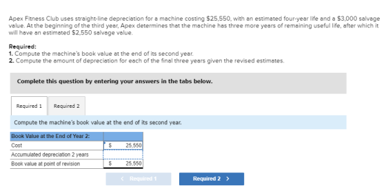 Apex Fitness Club uses straight-line depreciation for a machine costing $25,550, with an estimated four-year life and a $3,00