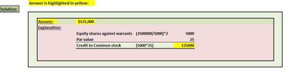 Answer is highlighted in yellow: Solution: $125,000 Answer: Explanation: 5000 Equity shares against warrants (2500000/1000)*2