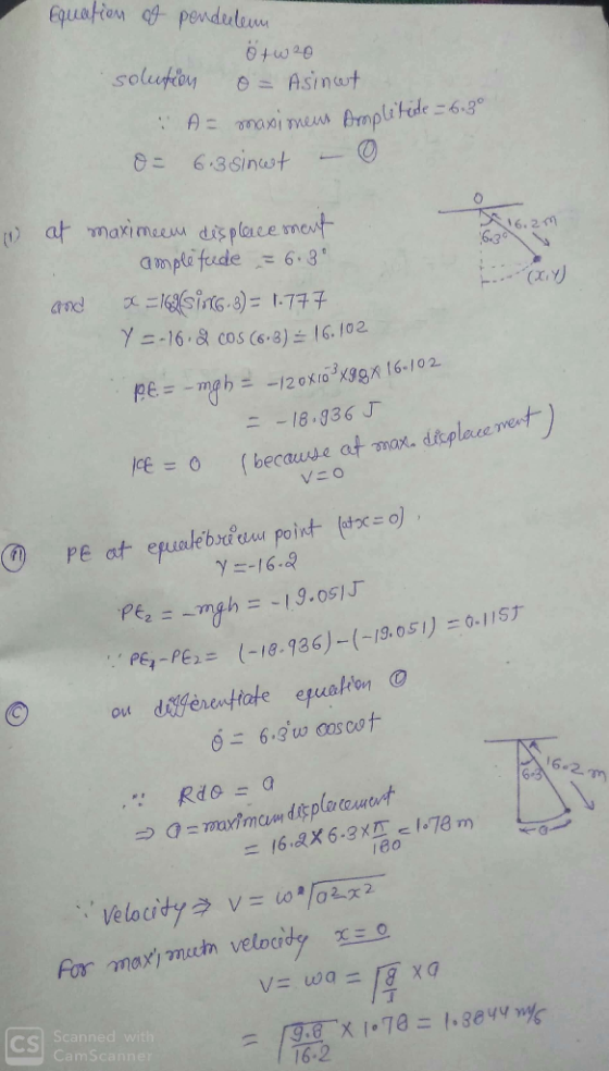 Equation of penderten it wro solution o= Asinut As masi mens Amplitede = 6,3° O = 6.3 sinut 16.2 6:34 hao (X,Y) (1) at maxime