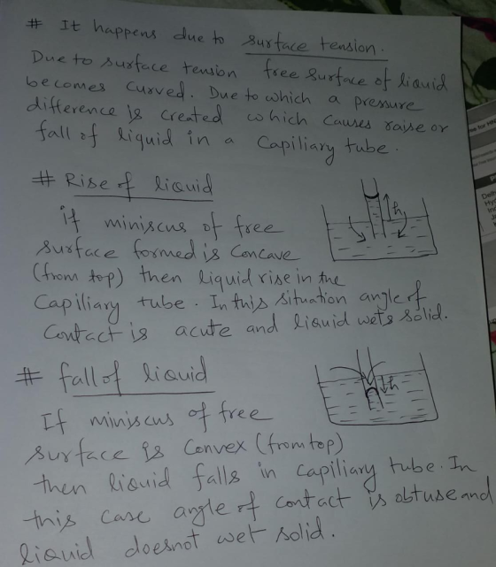 # It happens due to urface tension Dieto ㅅ니xfc.ce tenalo n free. Rurf.ce, e o e comes cuaved. Due to which a presnure difference cretedchich Caures toihe o allzf又iguidina Cap iliay tube ind miniscus 아 tree . Concave GSent hp) then l nle う| | | then lisuid falls in Capilian tube n iauid doeint wet Aolid