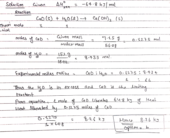 solution einen AH = -64.8 kJ/mol ---- Reaction cao (s) + Holl) + Ca(OH)2 (5). Theort mole 1 1 -tical moles of GO : Civen mass