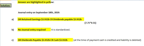 Answer are highlighted in yellow: Solution: Journal entry on September 18th, 2019: DR Retained Earnings $3.932b CR Dividends