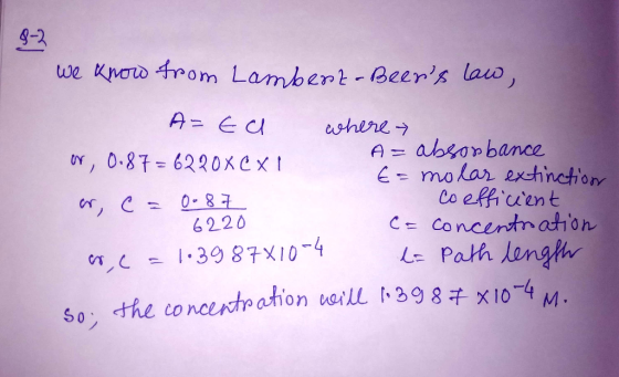9-2 uwe kxorw 4rom Lambent Beers lau E molar exchnction 6220 Le Path lunghh , the concentration uaill 398 ×10-4 M. S0