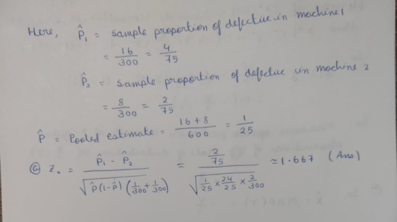 Here, Pi = i = sample proportion sample proportion of defective in machine P2 = sample proportion in machine 2 of defective Ñ