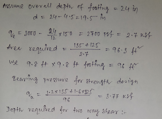 2.7 Assume overall depth of footing = 24 in da 24-4.5=19.5 in V 3000 - R4X 150 = 2400 psf = 2.7 KSE Area required 155 +125 =