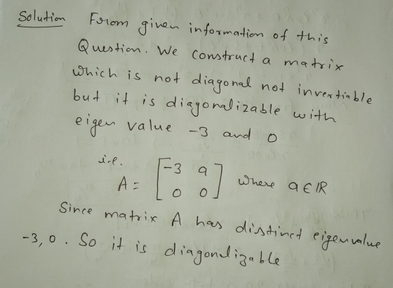 Solution From ginen information of this Question. We construct a matrix which is not diagonal not invertiable but it is diago