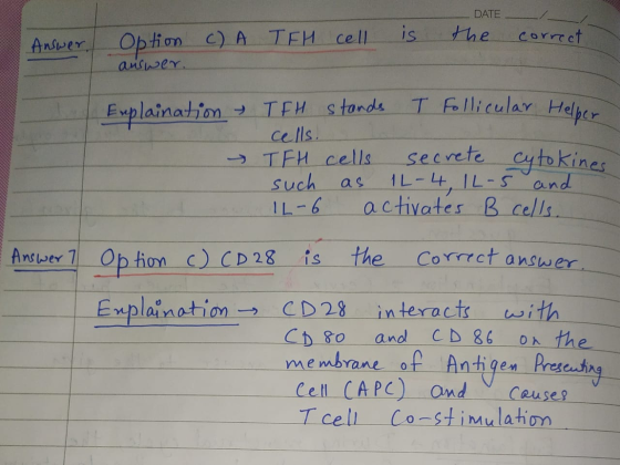 DATE the answer. T Follicular Helper is C) A TFH cell Answer Option c) A correct Explaination & TFH stands cells. → TFH cells