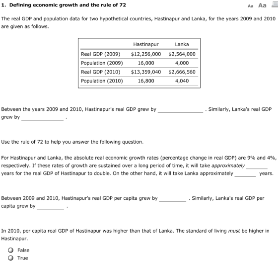 1. Defining economic growth and the rule of 72 Aa Aa The real GDP and population data for two hypothetical countries, Hastina