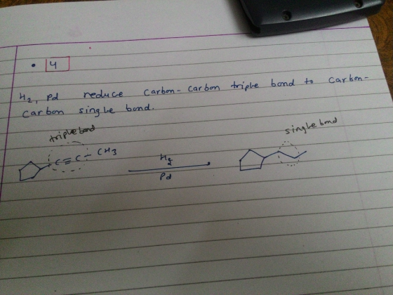 14 H₂, Pd carbon reduce Carbon - Carbon sing we bond. triple bond to carton triple bond single bond Miraca (H3 Pd