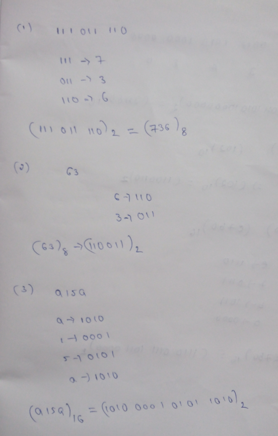 11011 110 !!! -> 7 Oll - 3 110 - 6 (111oll 10l2 = (736)8 6-7110 3-) OU (63)-> 100ml), (3) aisa a → 1010 toool 50101 a-) 1010
