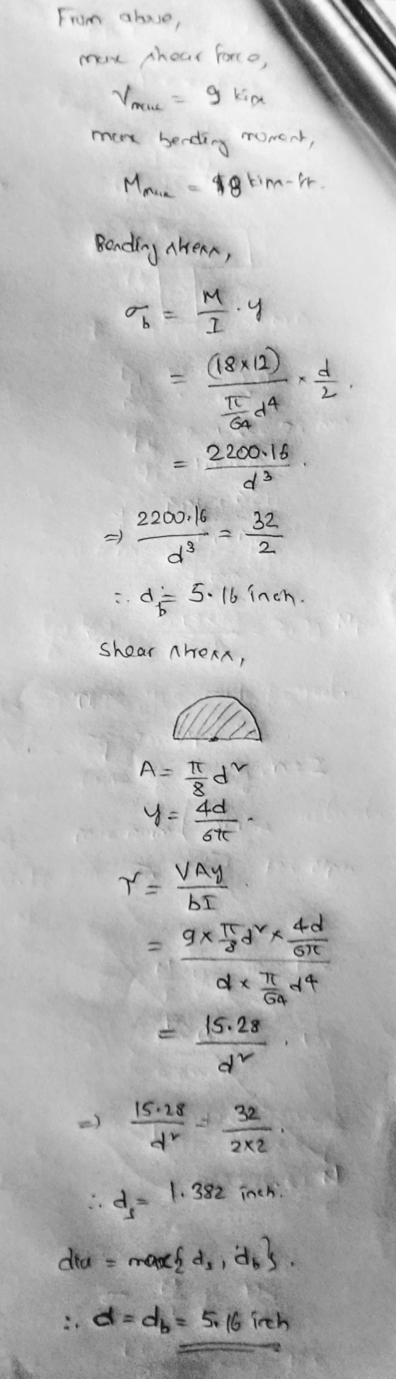 From alue, mare chear force, Van = g kipa mene bending moment, Maar - 48 tim-hr. Bending alrean, a = (18x12) Id4 - 2200-16 22